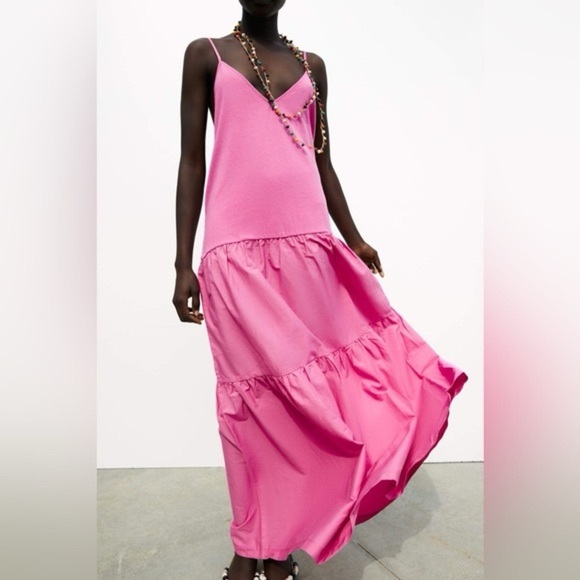 Zara Barbie Pink Tiered Sleeveless Maxi Dress size S - Picture 3 of 7